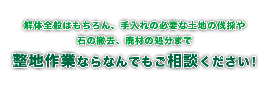解体全般はもちろん、手入れの必要な土地の伐採や石の撤去、廃材の処分等、整地作業のことならなんでもご相談ください。